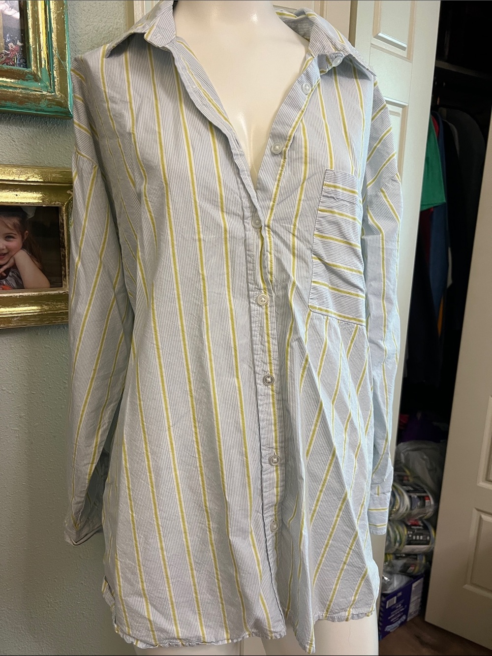 #EE Light Blue and Yellow Striped Button-Up Shirt